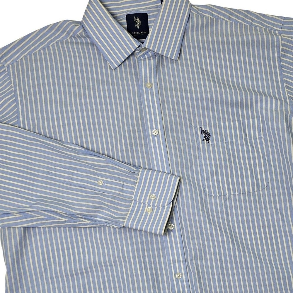 U.S. Polo Assn Button Down Shirt Mens 17.5 36/37 Blue Yellow Striped Regular Fit